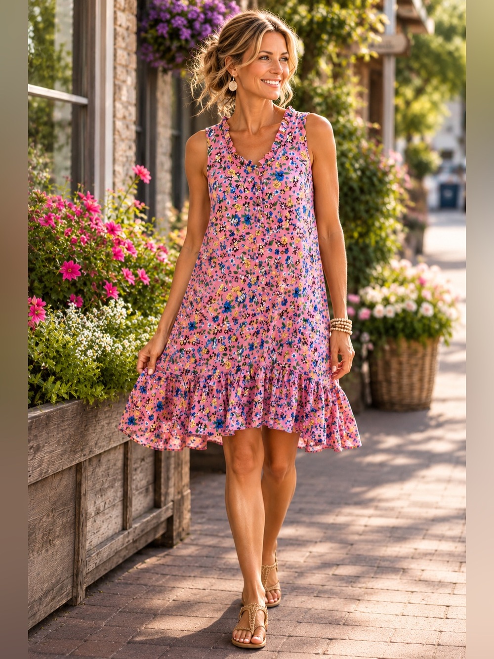 Joli Clothes Pink Floral Sleeveless Boho Midi Dress | Ruffle Hem | Size S